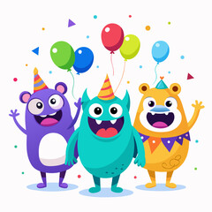 Fototapeta premium Cartoon Monsters Party Celebration with Balloons and Confetti Vector Illustration
