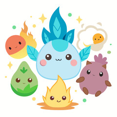 Naklejka premium Kawaii Baby Fantasy Creatures with Elemental Powers Vector Illustration