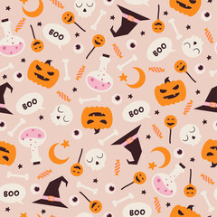 Hand drawn seamless halloween pattern with cute elements in flat style. Spooky cartoon backdrop with bones, pumpkins, skulls and potions. Vector print in pastel colors and simple geometric shapes