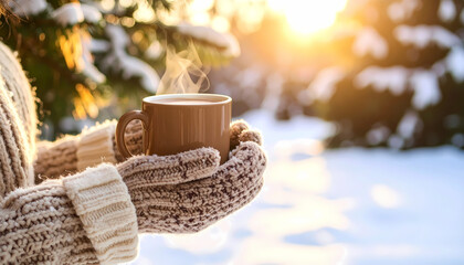 Woman enjoying hot beverage in winter