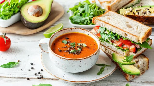 Healthy lunch combo of soup and sandwich with fresh avocado, tomatoes, and leafy greens on a white wooden table.