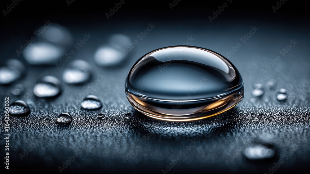 Poster close-up of water drops displaying transparency and reflections on a textured background