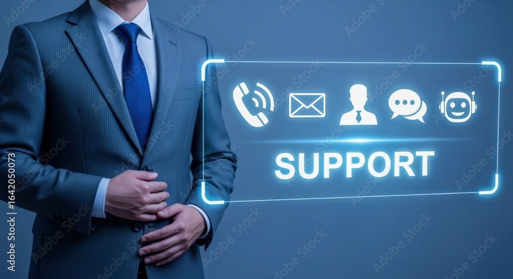 Poster professional businessman demonstrating customer support options with holographic interface for enhan