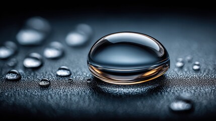 Close-up of water drops displaying transparency and reflections on a textured background