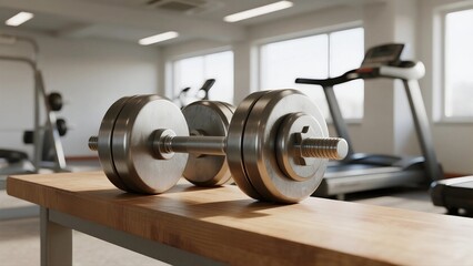 Fototapeta premium Dumbbells on wooden bench in modern gym setting