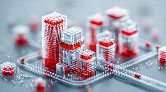 A futuristic cityscape concept featuring red and glass elements, with miniature cars on roads and abstract lines.