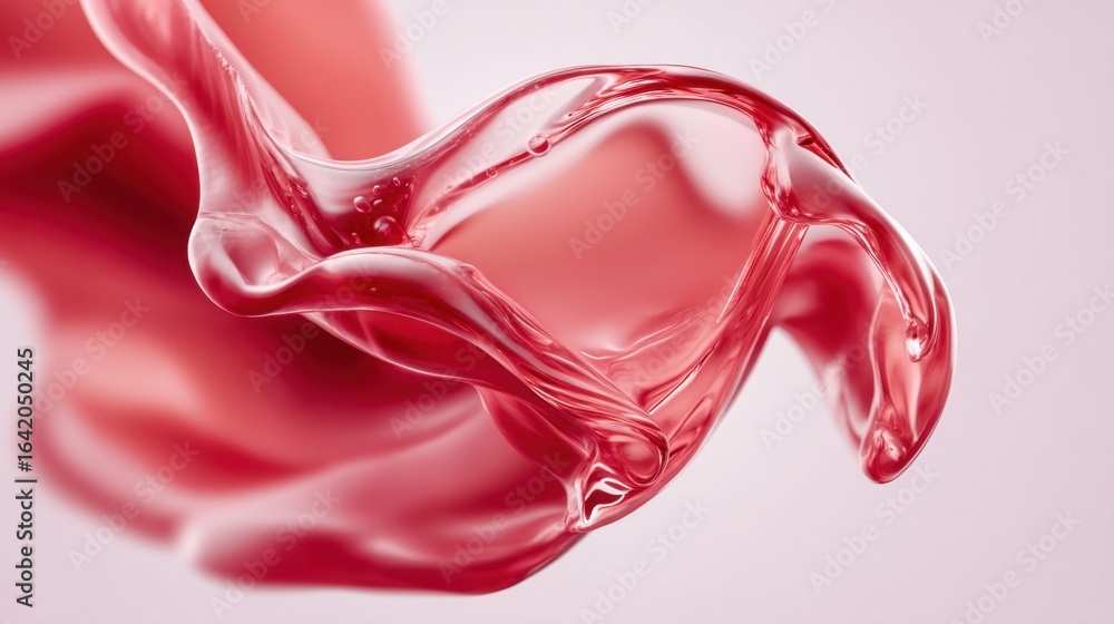 Poster vibrant red liquid splashes in motion, creating a dynamic and abstract artwork against a soft backgr