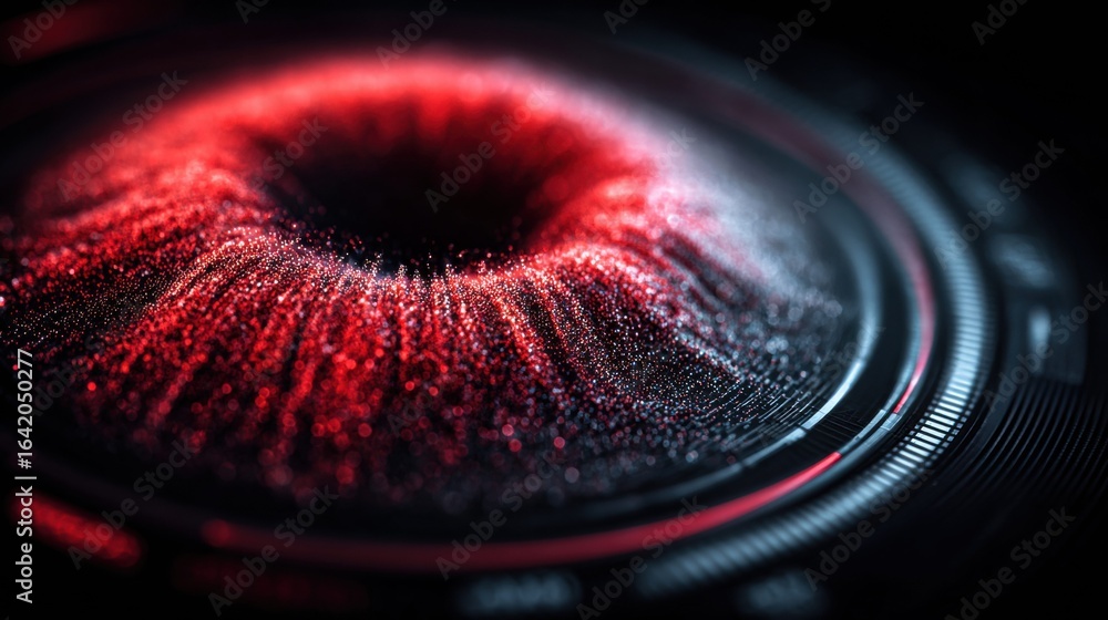 Poster intriguing abstract image featuring a glowing red, eye-like design in a dark circular frame.
