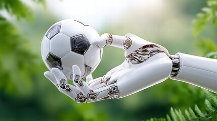 A robotic hand gently holds a soccer ball against a blurred, green backdrop, embodying technology and sport.
