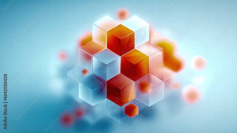 Poster a mesmerizing abstract image of colorful, translucent cubes forming an intricate design over a blue 
