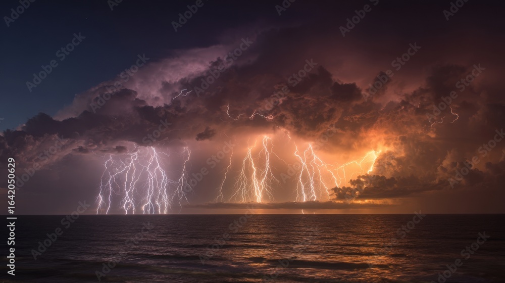 Poster bright flashes of lightning illuminate dark clouds above the ocean during twilight, creating a strik
