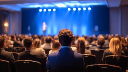 People attending business conference listening to speaker on stage
