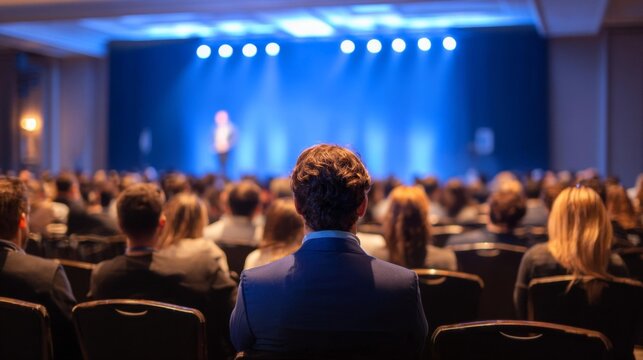 People attending business conference listening to speaker on stage