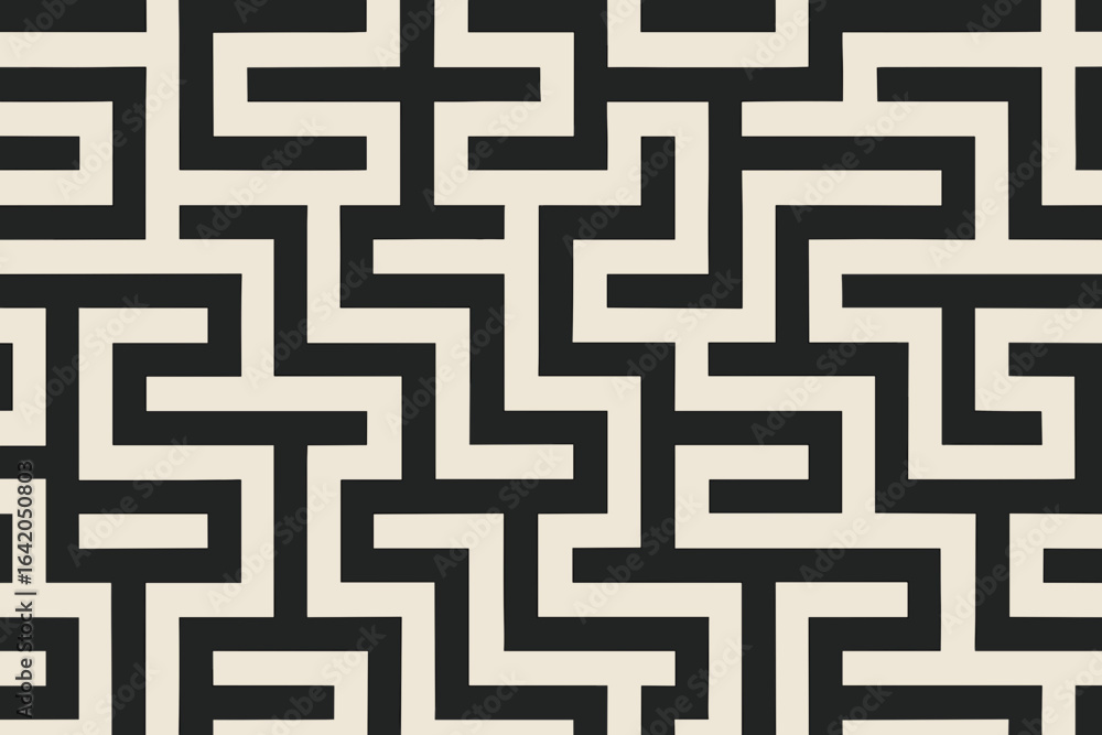 Poster intricate geometric maze pattern with monochrome color scheme, creating an optical illusion that dra