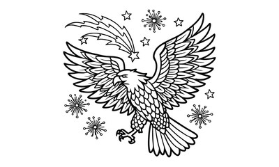 Fireworks eagle and American flag t shirt design silhouette and vector line art, high-quality illustration ideal for adult coloring books, art therapy, relaxation and stress relief