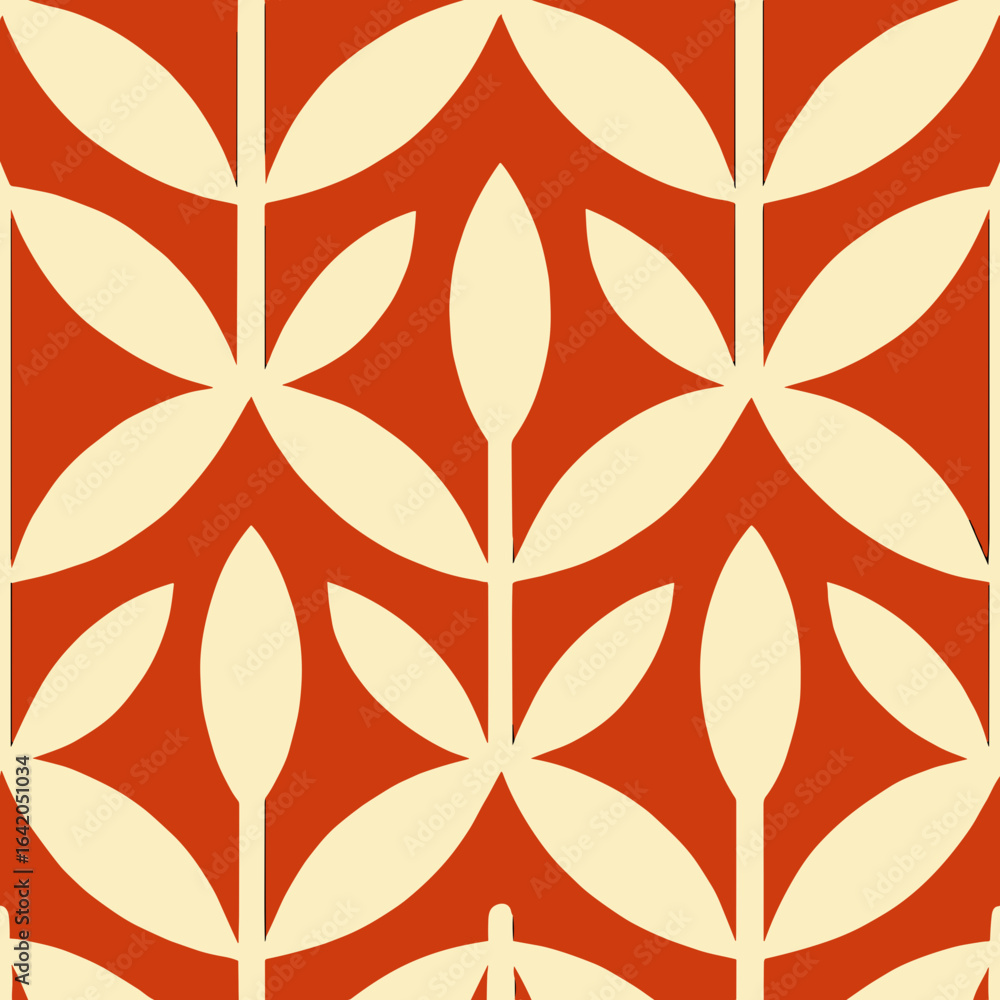 Poster a stylized, seamless floral pattern features a symmetrical arrangement of botanical shapes in a comp