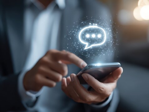 Business man using digital chatbot application Artificial Intelligence (AI) at home for online customer service. AI Chat Technology for Seamless Communication and Customer Engagement