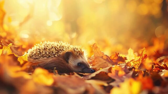 An adorable hedgehog nestled among fall leaves, enjoying a peaceful moment in the sun.