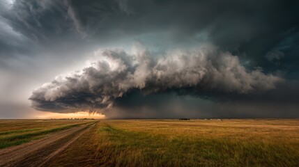 Dark storm clouds gather ominously over a vast grassland as dusk approaches. The contrast of light and shadow creates a striking visual spectacle in the sky.