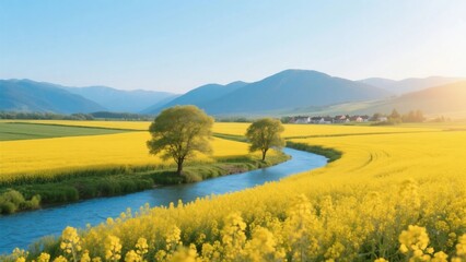Obraz premium Golden Rape Fields with River and Rolling Hills in Spring