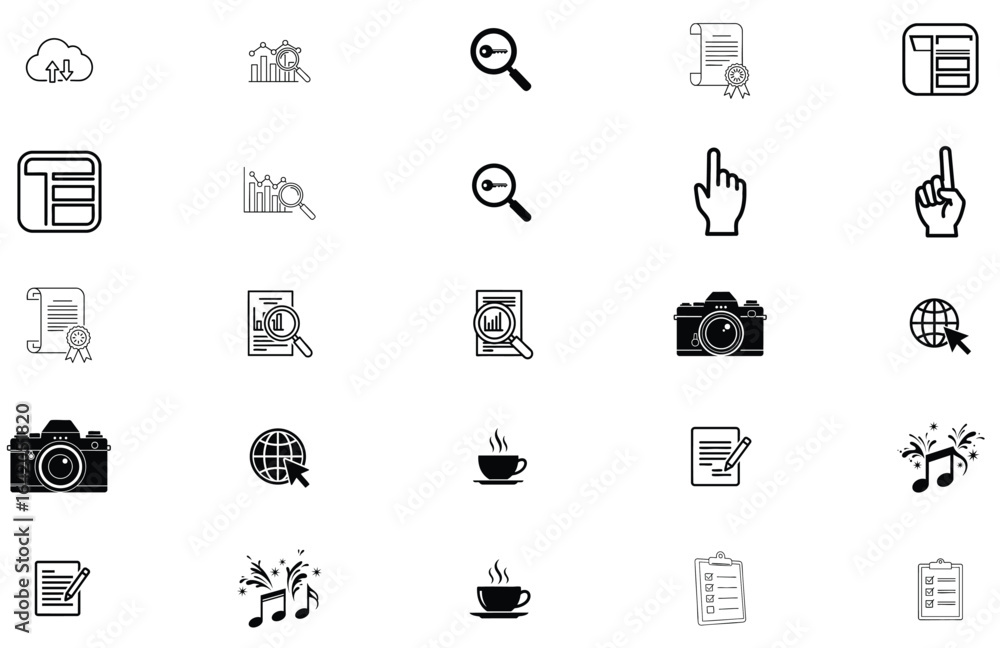 Poster collection of black and white flat icons for web and mobile applications including cloud upload down