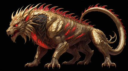 A mythical golden creature with complex engravings, combining elegance and power in a unique artistic design.