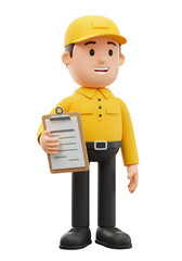 A worker with yellow outfit is holding a clipboard, he's ready to inspect. A friendly and approachable illustration, he seems to be the inspector in a construction scene.