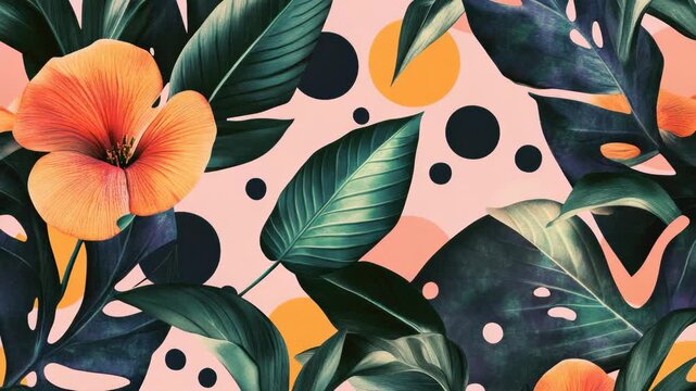 Colorful tropical floral pattern featuring palms, leaves, and flowers on a pink background.