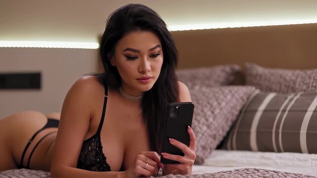 A young East Asian woman in black lace lingerie lies prone on a comfortable bed, intently viewing content on her smartphone within a softly lit bedroom, creating an intimate scene.