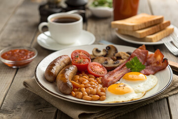 A  traditional full English breakfast on a rustic wooden table including fried eggs,bacon,sausages, baked beans, grilled tomatoes .mushrooms ,toast  and cup of a tea 