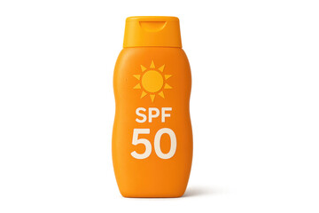 Orange sunscreen bottle with spf 50 protection on transparent background