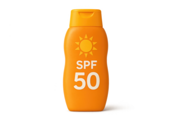 Orange sunscreen bottle with spf 50 protection on transparent background