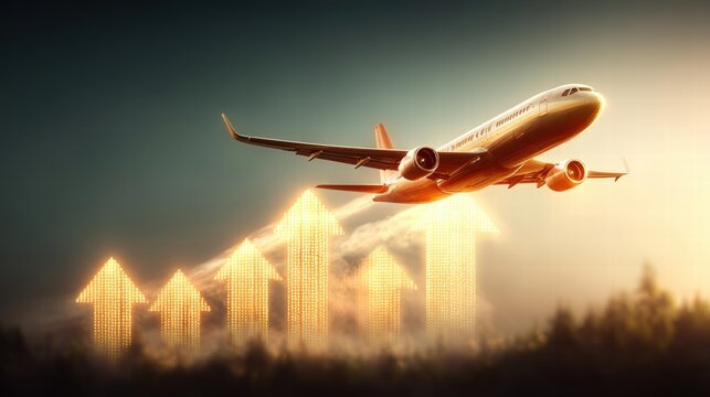 Airplane soaring over glowing upward arrows, symbolizing business growth and success.