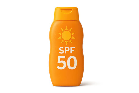 Orange sunscreen bottle with spf 50 protection on transparent background