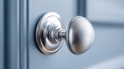 A sleek, close-up photograph of a shiny, silver doorknob on a blue door, exuding elegance.