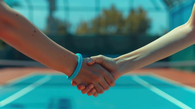 Friends shake hands on a tennis court after a match, signifying sportsmanship and mutual respect.