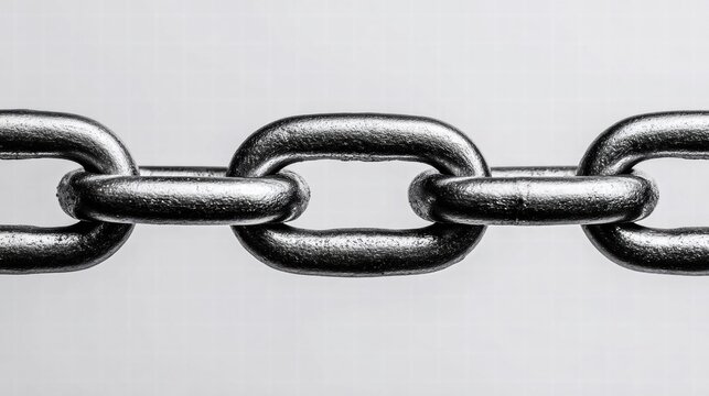 A detailed shot of a strong, metallic chain with a bright and clean background.