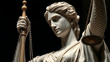 Obraz premium Classical marble statue representing justice, detailed with museum-style lighting for dramatic effect.