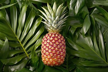 Fototapeta premium Vibrant pineapple amidst lush tropical leaves.