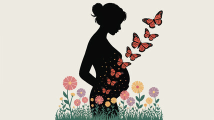 Elegant Pregnancy Announcement Illustration with Flowers and Butterflies a Symbolic Representation of Motherhood and New Beginnings for Creative Projects