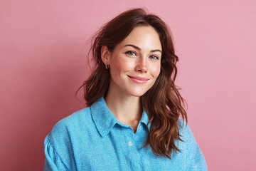 Fototapeta premium Smiling Woman in Light Blue Shirt against Pink Background