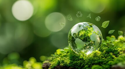 Crystal Globe on Moss Symbolizing Environmental Conservation and Sustainable Future, Illustrating Ecological Awareness