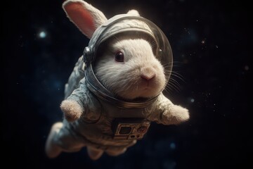 Space helmet drifting in the vastness of deep space, offering a surreal view of a tiny astronaut rabbit exploring the unknown