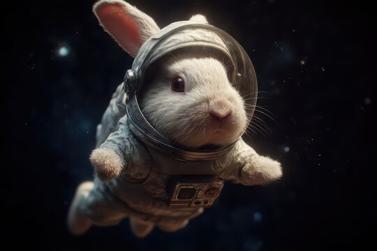 Space helmet drifting in the vastness of deep space, offering a surreal view of a tiny astronaut rabbit exploring the unknown - Powered by Adobe