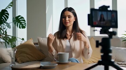 A young adult woman sits comfortably on a sofa, recording a video of herself with a smartphone on a tripod in a bright, modern apartment, creating online content.