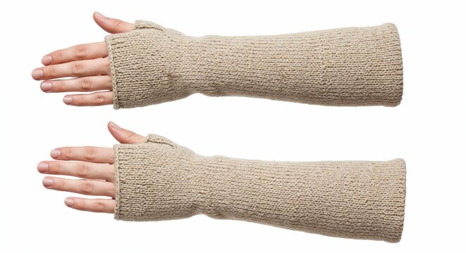 Fingerless arm warmer isolated on white, top-down view, detailed knitted surface, softbox light