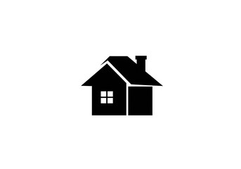A simple black and white illustration of a house with a chimney and a square window