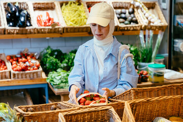 Woman in hijab holding strawberries in grocery produce aisle