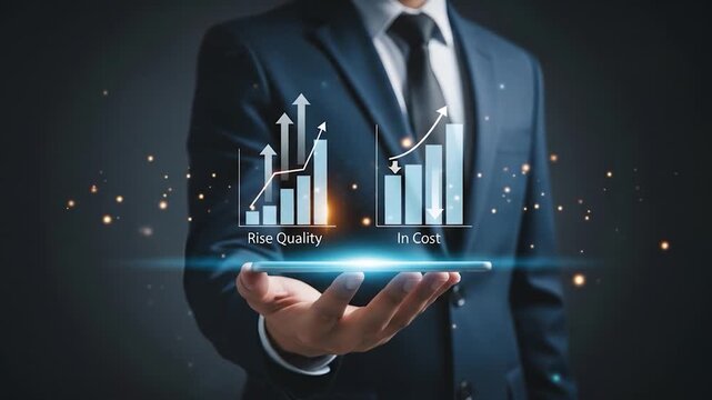 Executive holds tablet showing cost decrease and quality increase charts over glowing sparks