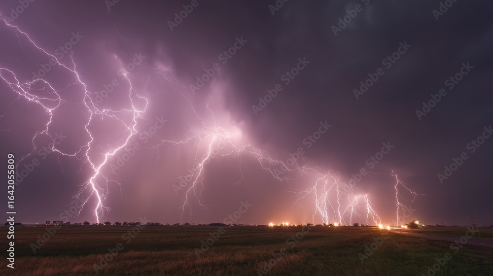 Poster intense lightning bolts illuminate the dark clouds above a vast open field, creating an awe-inspirin